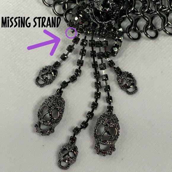 Natasha Gunmetal Pave Bib Statement Necklace Skulls Chainmail Choker Goth - Picture 12 of 17